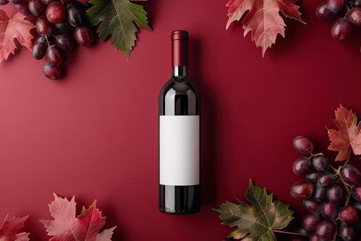 Expensive red wine in bottle with fresh grape bunches on dark red background, top view. Space for text. Overhead view. Wine bottle lying down on magenta surface. Gastronomic product still life. Banner photo