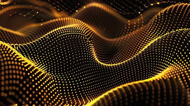 Digital network of interconnected nodes, lines, symbolizing the complexity, fluidity of AI models in data analysis. Dark background with gold glowing light effects connections between different points photo