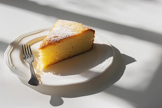 Slice of Lemon Cake Beautifully Presented on a Charming Plate and Ready to Enjoy. Delectable portion of rich lemon cake is garnished with powdered sugar and is charmingly served with a fork photo