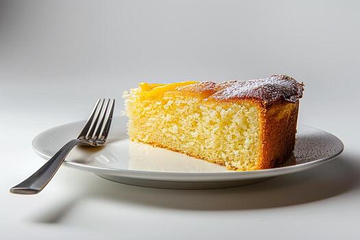Slice Lemon Cake Presented on a Charming Plate and Ready to Enjoy. Delectable portion of rich lemon cake is garnished with powdered sugar and is charmingly served with a fork photo