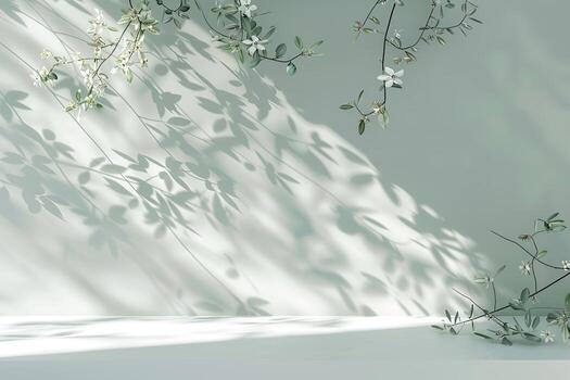 Minimal abstract background light and shadow of tree leaves. Cosmetic product presentation. Premium podium. Pastel soft gray wall, white table. Showcase display case. Front view. Mockup ad. Concrete photo