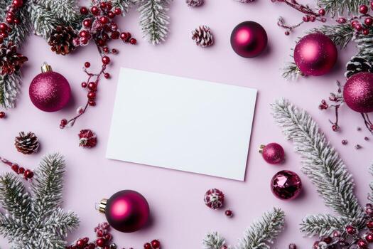Blank Sheet with White Paper Page on Pink Plain Color. Christmas Decorations. Invitation, Wish List Mock-Up. Empty Notebook. Resolutions, plan, goals, checklist idea. Top view. New Year Xmas banner. photo