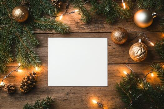 Navidad blanco tarjeta en un rústico escritorio. blanco saludo tarjeta despellejar poner, parte superior ver con fiesta decoraciones marco Nota burlarse de arriba con espacio para texto. vacío papel hoja. estaciones saludos. modelo. negocio foto