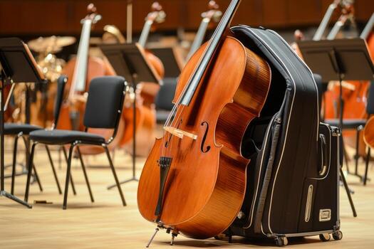 Orchestral Instruments A Detailed Focus on the Role of Double Basses in a Concert Setting. A carefully arranged collection of double basses is set for an engaging orchestral performance on stage photo