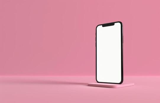 Phone with vertical clean white screen isolated on a pink background. Mock Up Display. Smartphone gadget for advertising. Top above view. Mobile phone with empty blank screen. Layout template photo