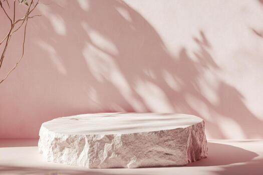 Round Podium for Cosmetic, Soap, Items Presentation. Abstract Minimal Geometric Pedestal. Cylinder One Form, Soft Shadow. Scene to Show Product, Object. Showcase, Display Case. Stand. Pink Backdrop photo