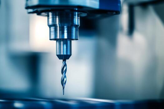 Automated Programmed CNC vertical milling machine with face mill shell endmill tool in process over aluminum metal piece, Industrial Factory. CloseUp View. Operation. CNC milling tool cutting steel. photo