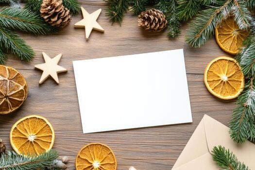 Christmas blank card on rustic desk. White greeting card flay lay, top view with holiday decorations. Frame note mock up with space for text. Empty paper sheet. Seasons greetings. Template. Business photo
