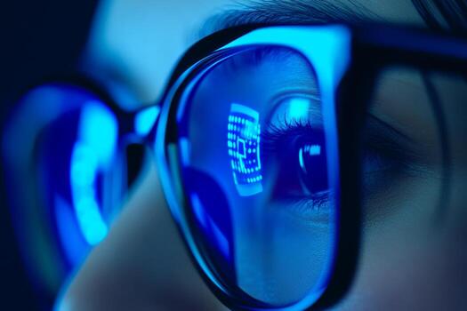 Businesswoman Analyzing Graphs And Charts. Close Up of Glasses with Reflection Computer Display. Innovation Online Trading, Stock Market Recession. Business. Financial Project. Female Working Data. photo