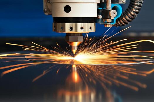 CNC Laser engraving in operation. Close-up of plasma laser machining of metal with sparks, modern industrial technology. Laser machinery cutting iron sheet with sparkling. Hi-technology manufacturing photo