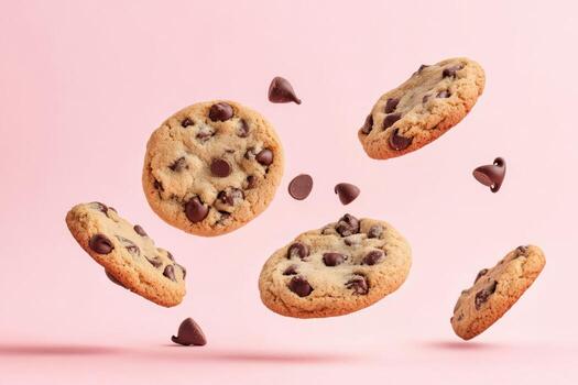 Cookies Levitation. Creative food template. Chocolate chip cookie bursting flying in midair on a pink color background. Magazine, banner, advertisement. Copy text space. Falling broken biscuits photo