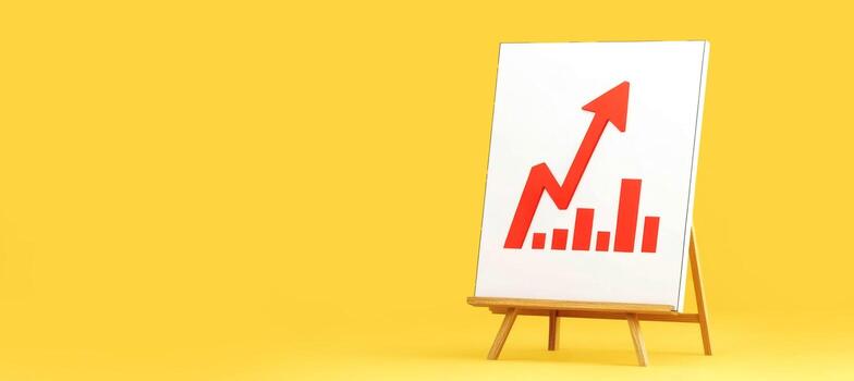 Easel with red line graph upward arrow, symbolizing progress. Positive growth concept. High efficiency, rising prices, profits, indicators of business development. Good income. Optimistic statistics photo
