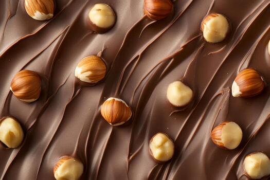 avellana y chocolate untado lleno borde del marco. cacao crema con todo avellanas antecedentes. nuez chocolate manteca, pegar parte superior vista. comida fondo. Derretido chocolate crema y nueces granos foto