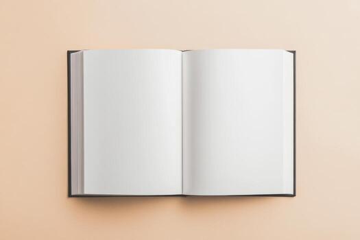 Opened Book mock-up. Blank Open Book Template. Paper Brochures on beige background, top view. Mockup for design. A4 magazine or catalog with empty clean page or notepad. Pamphlet, Card, Flyer Mock Up photo