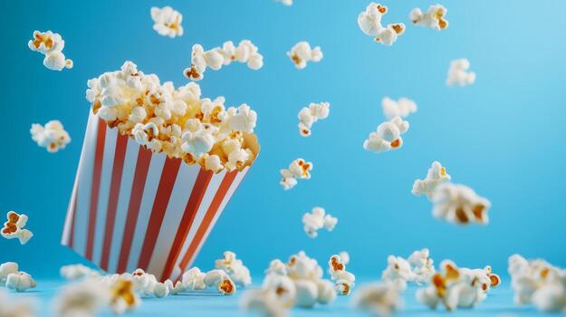 Red white stripe box of popcorn. Popcorn floating out of the paper box, isolated on a light blue background. Striped retro bucket with freshly popped popcorn with some pieces flying. Snack food photo