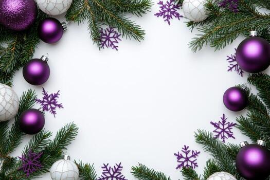 Frame made Christmas Ornaments, Empty White Copy Space for Text in the Center of Frame. Violet, Purple Glass Bauble. Christmas Tree branches Globes, Bubbles. Shiny Sparkle Balls, Xmas Branches, Items. photo