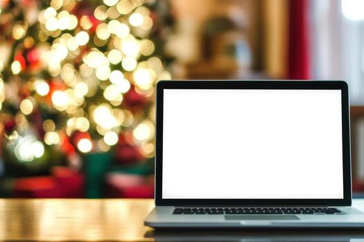 Laptop with White Empty Screen Mock-Up on a table with a Christmas Tree Lights blurred Background Bokeh. Bright Blank Laptop Display Mock Up Template Against a Festive backdrop. Front View, Close-Up. photo