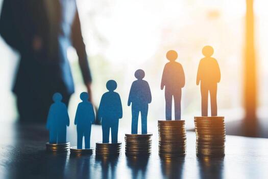 Paper people standing on a coin stacks. Insightful Analysis of Investment. Business Metrics, Performance Trends. Visual representation shows growth, success, achievement. Income gap. Market recovery photo