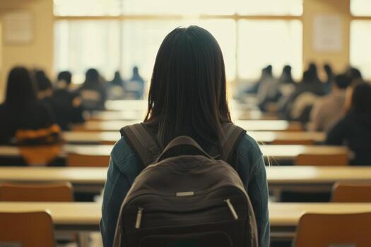 Young Asian woman during class in the university. Girl with backpack standing in a classroom. Female student attentively facing forward at lecture hall. Rear view. Knowledge in learning environment photo