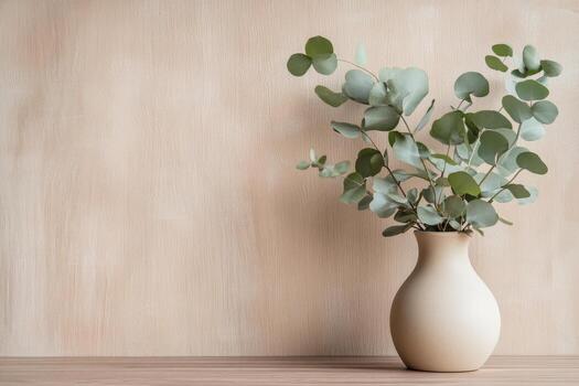 Eucalyptus branch in Beige Stylish Ceramic Vase on Table. Detail of Contemporary Cozy Interior. Blank Space for Text on Concrete Wall. Nordic Background. Minimalistic Scandinavian Style. Empty Mockup. photo