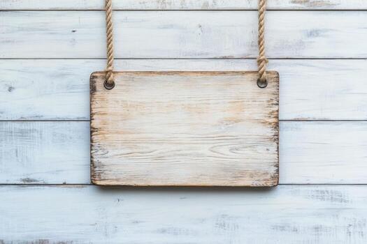 Wooden Signboard with Rope. Wood sign board template. Hanging notice board with empty white space. Blank rustic textured vintage board. Timber mock-up, customizable surface. Retro Style Ancient Sign. photo