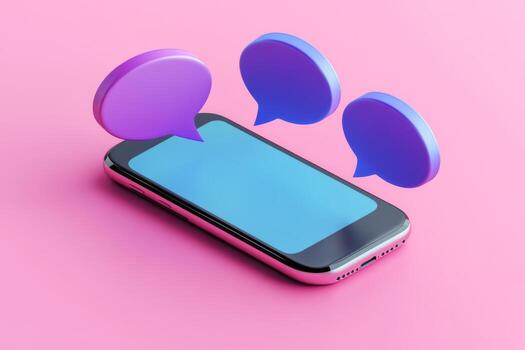 Chat Bubbles Set Above a Mobile Phone Against a Vibrant Pink Background. Mobile Communication Concept. Smartphone with Colorful Chat Bubbles digital interaction and connectivity. Social network photo