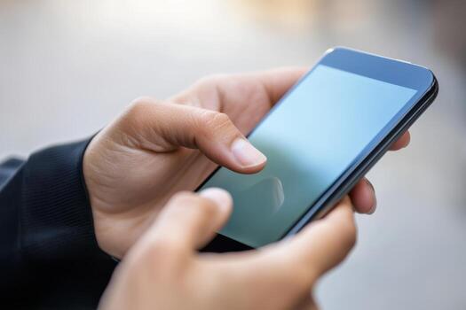 Closeup of male hands using smart phone, blurred trendy background. Man use mobile phone outdoors. Day light. Unrecognizable person touching smartphone screen. Unknown boy holding cellphone outside photo