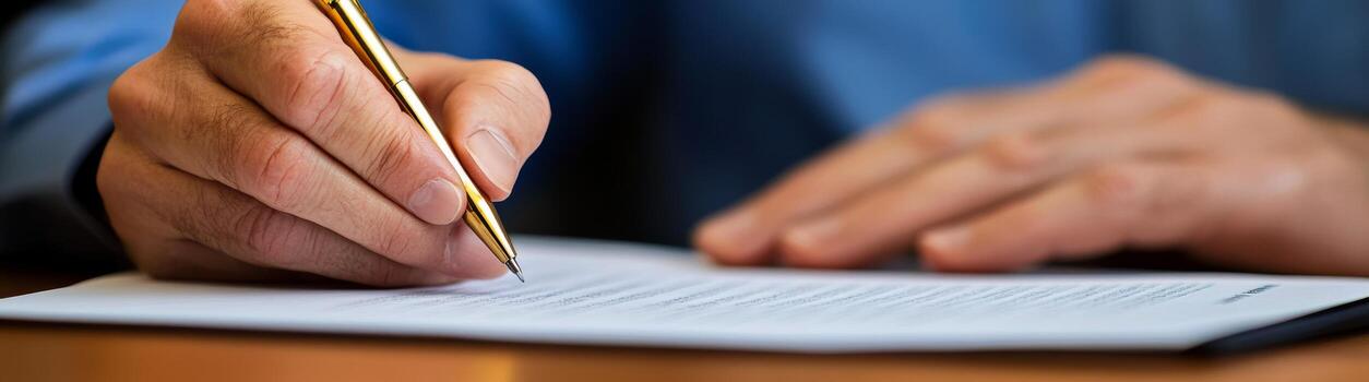 Detailed closeup of businessman hands writing with pen on a sheet of document. Business person Signing Contract In The Office on a Desk Table. Man in suit penning an agreement on paper. Productivity photo