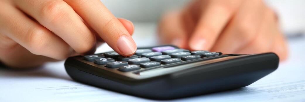 Hands actively utilizing a calculator to perform financial calculations. Closeup hands pressing calculator buttons. Calculate tax income and expenses, bills, credit card for payment or payday at home photo