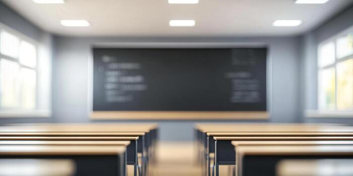 Modern classrooms interior with desks and blackboard. Empty Classroom setup with school furniture and a chalkboard. No people. Nobody. Blurry view of class room with chairs and tables in campus. photo