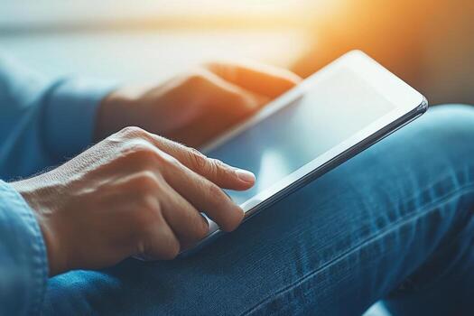 persona utilizando tableta dispositivo. digital interacciones y actividades. hombre participación un almohadilla. remoto aprendiendo, social distancia laboral, ordenando comprando en línea, leyendo mi libro. de cerca vista, moderno tecnología foto