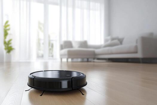 Robot Vacuum Cleaner cleaning the room. Robotic vacuum cleaner working. Cutting edge Smart Cleaner. Efficiently clean up of hardwood floors. New technologies, automatic assistant. Future technology photo