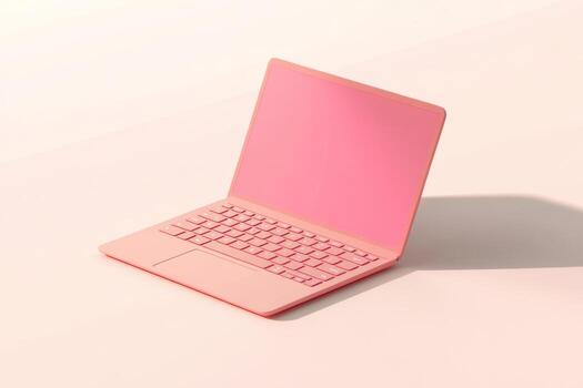Vibrant Pink Laptop Set Against a Neutral Background. Minimalistic Techno Backdrop. Minimal Office Surrealism Concept. Open Colored Laptop Computer on a Beige Color. Electronics, Modern Technology photo