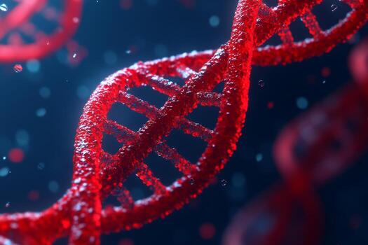 Vibrant red DNA helix set against a dark blue background. Visual of DNA double helix structure. DNA Strands. Genetic exploration, genome sequencing, change, biological kinship and genetic legacy photo