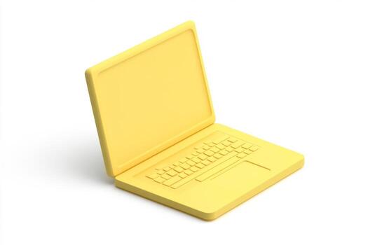 Vibrant Yellow Laptop Set Against a White Background. Minimalistic Techno Backdrop. Minimal Office Surrealism Concept. Open Colored Laptop Computer on a Beige Color. Electronics, Modern Technology photo