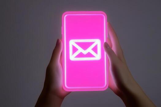 Vibrant smartphone showcasing an email icon female hands. Glowing pink smart phone is displaying e-mail sign. Mobile phone with envelope on screen. Concept of sending and receiving mail by cell phone photo