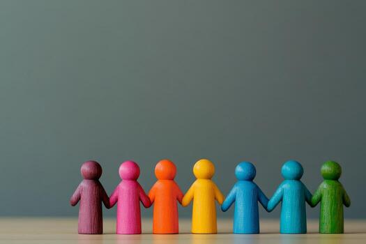 de madera cifras. fila de vistoso humano cifras estar juntos, simbolizando de diversidad. importancia de inclusión, trabajo en equipo. personas siluetas conceptos de unidad en nuestra sociedad. humanidad. Copiar espacio foto