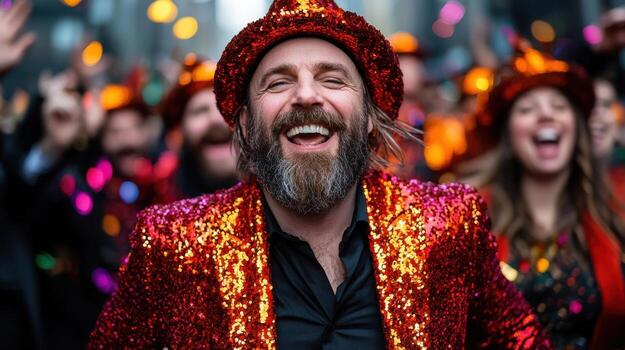 Joyful Celebration with Sparkling Attire and Colorful Confetti in Urban Setting photo