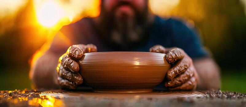 Man Shaping Clay Bowl on Pottery Wheel During Sunset with Soft Natural Light photo