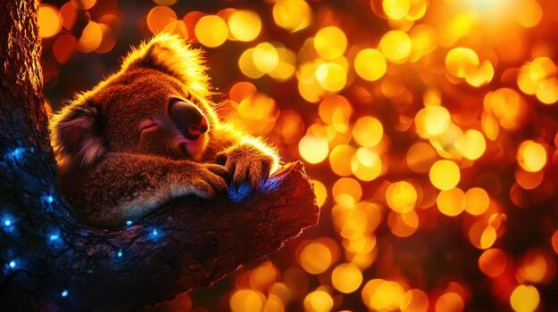 Cozy Koala Napping on a Branch Surrounded by Warm Glowing Lights in Nature photo
