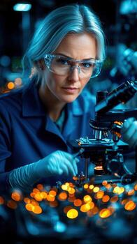 enfocado científico en laboratorio con microscopio analizando muestras debajo brillante luces foto