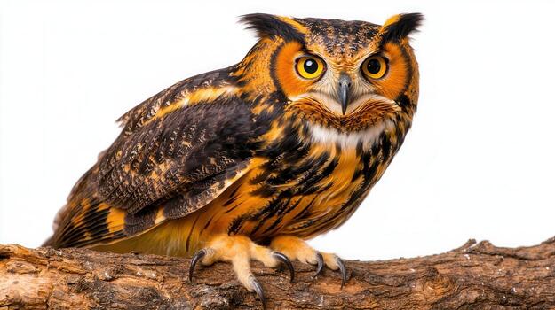 Majestic Owl Perched on Branch with Striking Yellow Eyes and Unique Feather Patterns photo