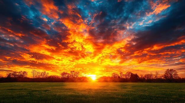 Dramatic Sunset Over Field with Vibrant Colors and Stunning Cloud Patterns photo