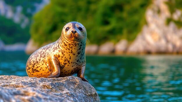 Close-Up of a Playful Seal Resting on a Rock by the Calm Water in Nature photo
