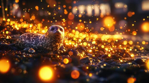 Seal on Shoreline with Sparkling Bokeh Effect Amidst a Beautiful Sunset Glow photo