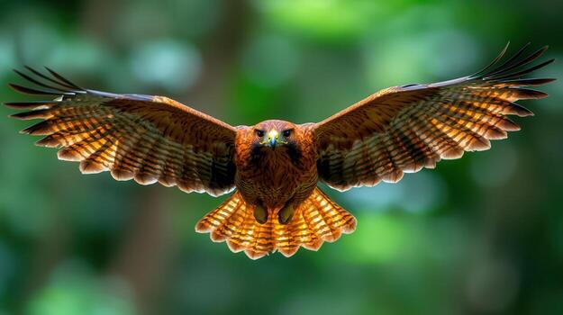 Majestic Red-Tailed Hawk in Flight with Lush Green Background and Sunlight photo