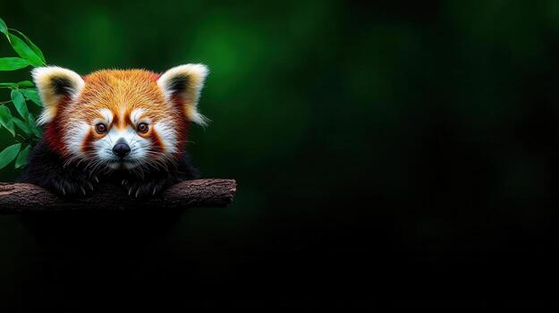 Close-Up Portrait of a Red Panda with Leafy Background in Lush Green Environment photo
