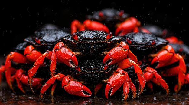 Close-Up of Vibrant Red Crabs Gathered Together Under Rain with Droplets photo