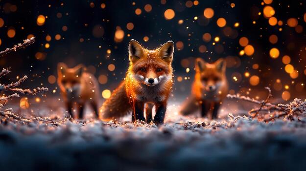 Red Foxes in Snowy Landscape with Bokeh Effect and Soft Glow at Night photo