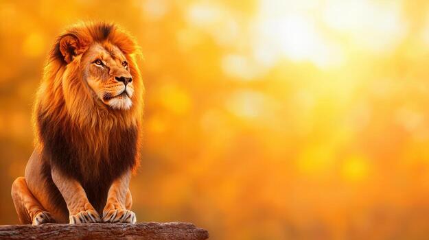 Majestic Lion Sitting Proudly in Warm Golden Light of Sunset with Soft Background photo